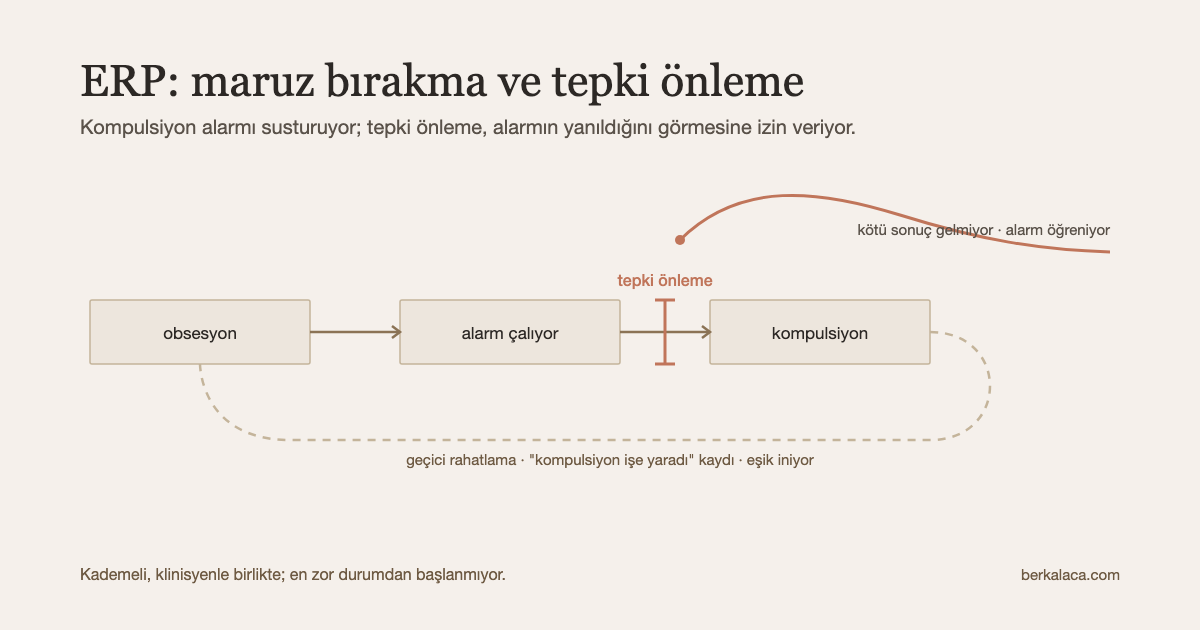 Şema: obsesyon, alarm ve kompulsiyondan oluşan kapalı bir döngü; kompulsiyon ile rahatlama arasındaki ok kesilmiş ve kesik yerden alarmın kendiliğinden inen eğrisi çıkıyor