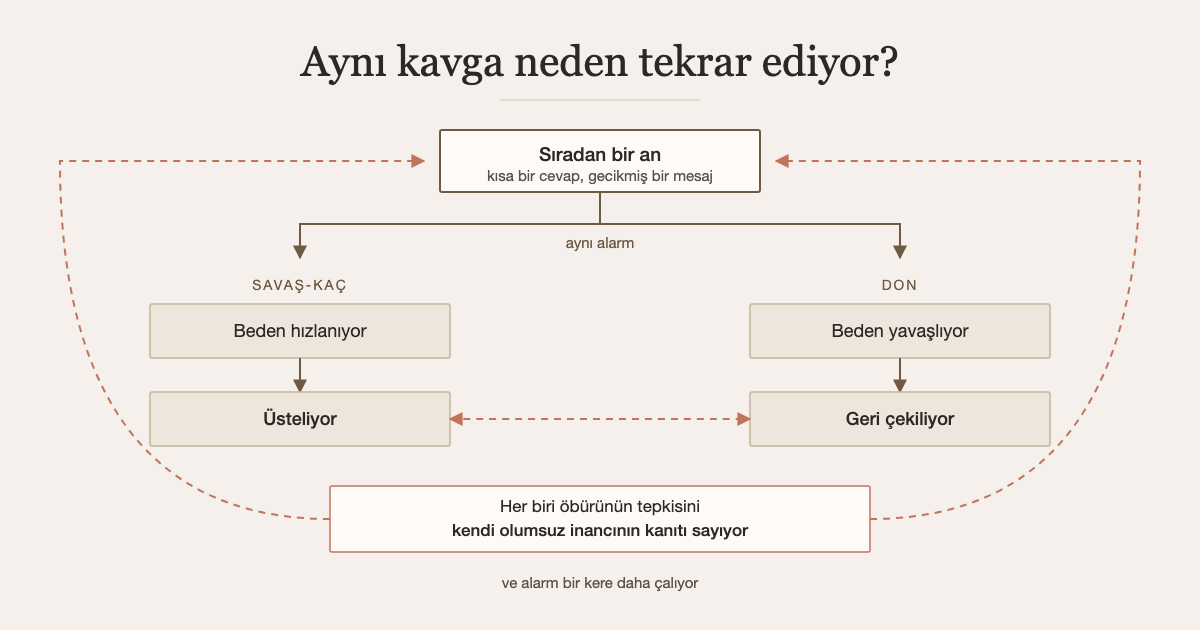 Şema: tek bir sıradan an iki kola ayrılıyor — solda savaş-kaç ile üsteleme, sağda don ile geri çekilme; altta iki tarafın öbürünün tepkisini kendi inancının kanıtı sayması döngüyü başa döndürüyor